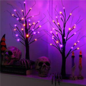 2 Pack 24 Inch Halloween Black Spooky Tree with Orange & Purple Lights